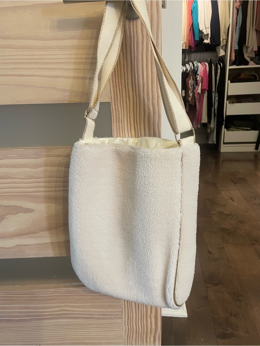 Cream Sherpa Tote Bag with Adjustable Strap